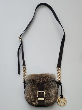 Michael Kors Brown Rabbit Fur Crossbody with Black Strap and Gold Hardware